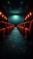 tranquilo cine salón con rojo asientos y un grande blanco pantalla esperando espectadores en el noche foto