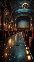 Elegant theater interior adorned with holiday decorations and soft lighting during evening photo