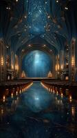 Elegant theater interior with a stunning starry ceiling and festive decor in a serene atmosphere during the evening photo
