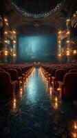 Elegant theater interior with glowing lights and empty red seats at night for an upcoming performance photo