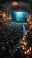 Crowded theater watching captivating underwater performance during evening show photo