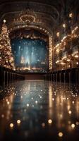 Elegant theater interior with holiday decorations and sparkling lights during evening performance photo