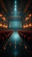 histórico teatro interior con rojo asientos y atmosférico Encendiendo durante un silencio momento foto