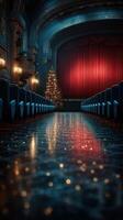 Elegantly decorated theater with Christmas tree and red curtains creating a festive atmosphere during the holiday season photo