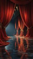 Elegant red curtains frame an enchanting stage in a theater with soft lighting and reflective floor surfaces photo