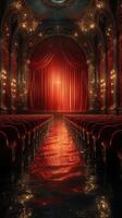Elegant theater interior with rich red curtains, ornate decor, and reflective floor at dusk photo
