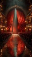 Stunning theatre interior with elegant red curtains and polished floor during a spotlight moment before the show photo
