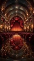 Elegant theater interior showcasing a dramatic stage with rich decor and reflective water at an evening performance photo