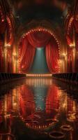 Elegant theater stage with red curtains and reflective floor ready for a performance in a historic venue photo