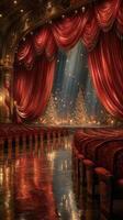 Elegant theater interior with red velvet curtains and festive decorations before a holiday performance photo