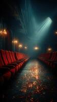 Empty theater with red velvet seats illuminated by spotlight and shimmering floor at evening photo