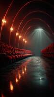 Mysterious theater interior with illuminated red seats and dramatic lighting at night photo