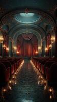Elegant theater interior with red velvet curtains and candlelit decorations creates a luxurious atmosphere for performances photo