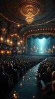 Crowded theater filled with an audience enjoying a performance under dazzling chandeliers photo