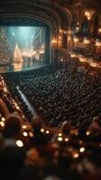 Audience enjoys festive performance in historic theater with Christmas tree and stunning decorations during winter evening photo
