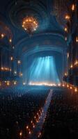 Grand theater interior filled with audience waiting for a performance under dramatic lighting at night photo