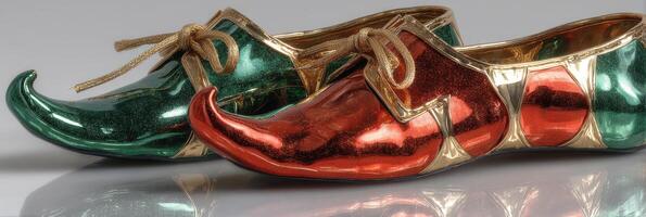 Unique festive shoes designed with vibrant colors and pointed toes for holiday celebrations and events photo