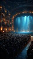 Crowded theater preparing for a Christmas performance with festive decorations and warm lighting photo