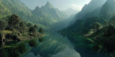 Serene mountain lake reflecting vibrant greenery under soft morning light photo