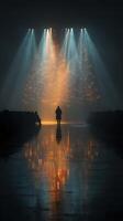 Majestic runway show showcasing a silhouette against illuminated festive trees in a dramatic atmosphere photo