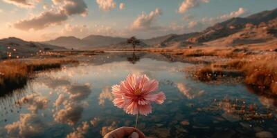 Delicate pink flower held in hand against serene lake and mountain landscape at sunset photo