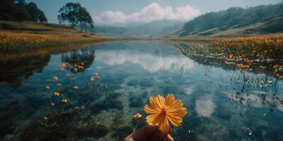 Vibrant yellow flower held over tranquil lake surrounded by hills and misty sky during a sunny day photo