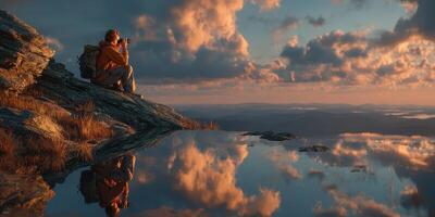 Hiker captures breathtaking sunset reflections in a serene mountain landscape photo