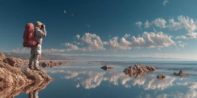 Explorer observing nature at the shoreline during a clear day with reflections in calm waters photo
