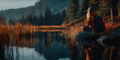 Capture of a photographer in front of a tranquil lake surrounded by mountains during golden hour photo