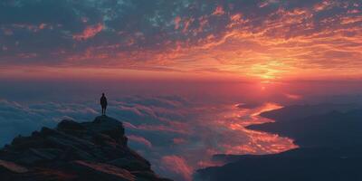Captivating sunset view from a mountain peak with a solitary figure against a dramatic sky photo
