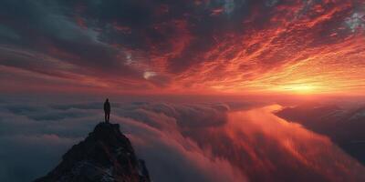 Stunning sunset over clouds from mountain peak with silhouette of hiker standing on edge photo
