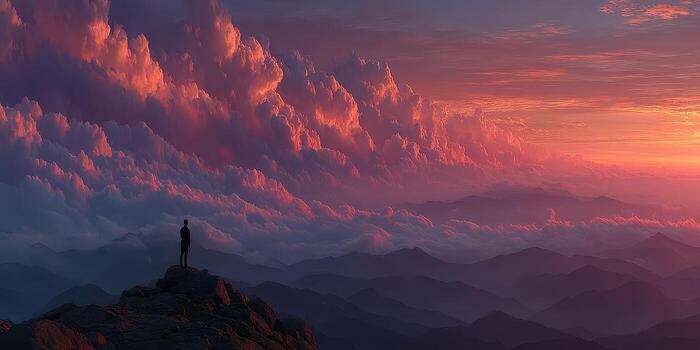 Sunset view from a mountain peak with dramatic clouds and a lone hiker photo