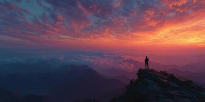 Breathtaking sunrise view from a mountain peak with a solitary figure admiring the colorful sky and clouds photo