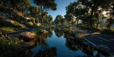 Scenic view of a tranquil road by a serene lake surrounded by lush greenery at sunrise photo