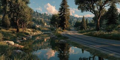 Serene landscape featuring a winding road beside a tranquil stream in a lush natural setting during a sunny day photo