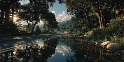 Scenic landscape featuring a winding road and reflective water amidst lush greenery during golden hour photo