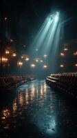 Enticing atmosphere of a vintage theater with illuminated seats and dramatic lighting in the evening photo
