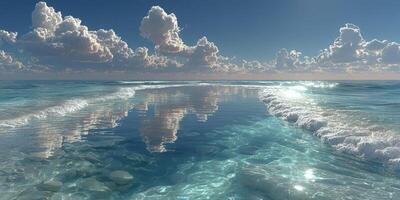 Beautiful ocean view with clear water reflecting clouds and gentle waves at sunset time photo