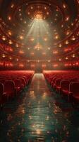 Elegant theater interior with red velvet seats and reflecting water, creating a captivating atmosphere during a performance photo