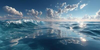 Waves gently lap against the serene surface of the ocean under a bright, clear sky with scattered clouds at midday photo