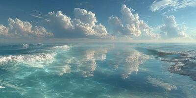 Vast ocean landscape reflecting clouds under bright sunlight on a tranquil day photo