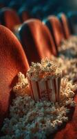 Popcorn overflowing in red theater seats during a movie screening at a local cinema photo