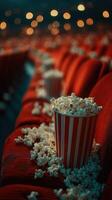 Overflowing popcorn bucket on red theater seats with soft ambient lighting in a movie hall photo