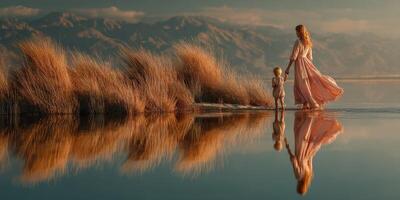 Mother and child walking on water at sunset, surrounded by tall grasses and mountains in the background photo
