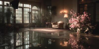 Elegant indoor setting with floral decor and reflections during soft evening light in a cozy space photo
