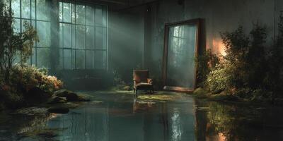 Mysterious abandoned room with a chair and a large mirror surrounded by nature in soft sunlight photo