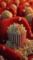 Popcorn spills over from a striped container in a vibrant movie theater setting with empty red seats photo