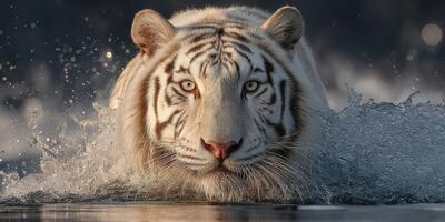 White tiger swims through water with intensity while droplets splash around, showcasing its powerful presence during a tranquil moment photo