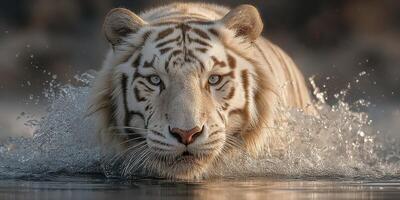 Majestic white tiger wades through water under soft sunlight in a serene natural setting photo