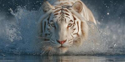 White tiger swims through water with intensity at a sunset, displaying powerful grace and beauty photo